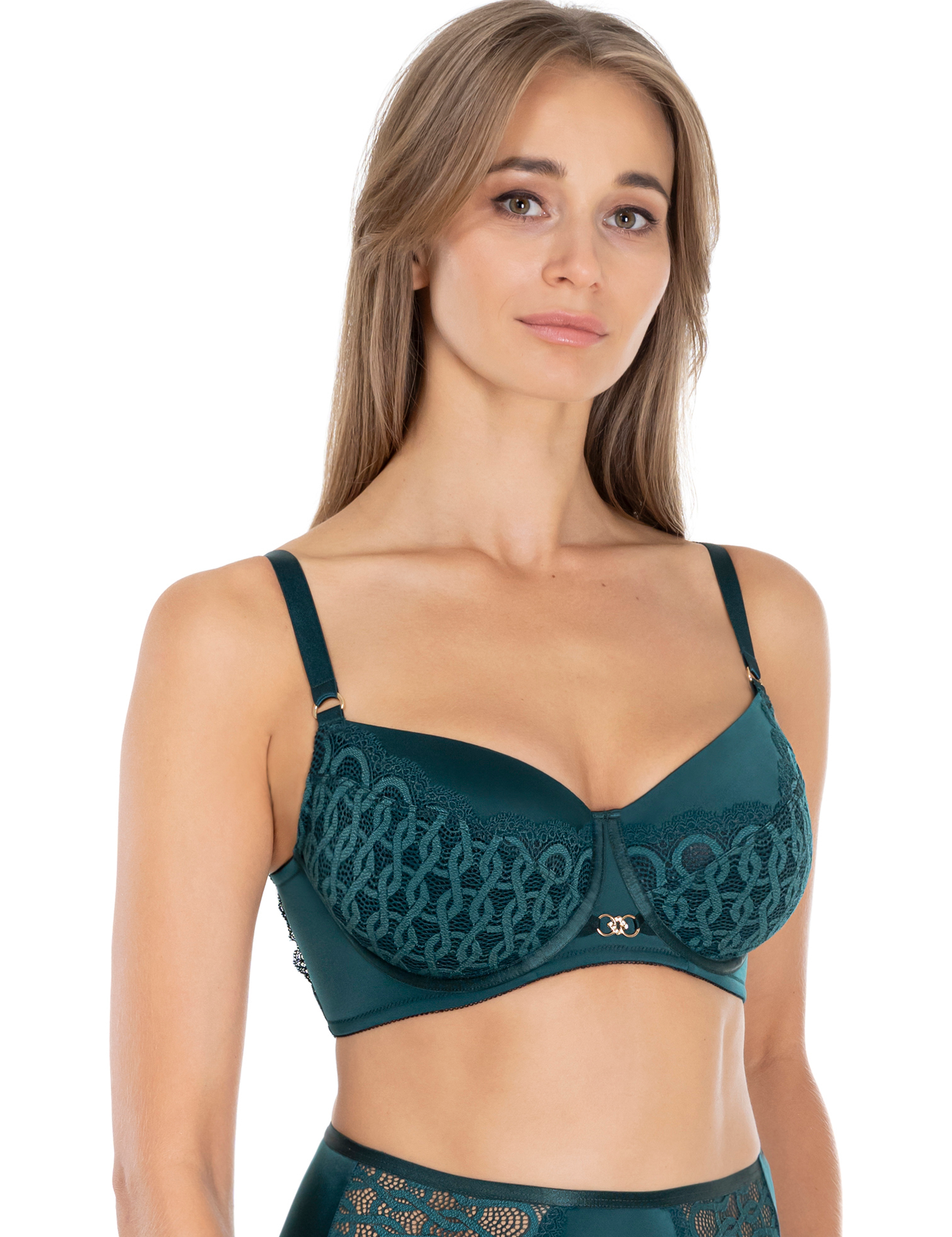Lauma Lingerie, Green Non-padded Bra, With Lace, On Model, Front, 45L20