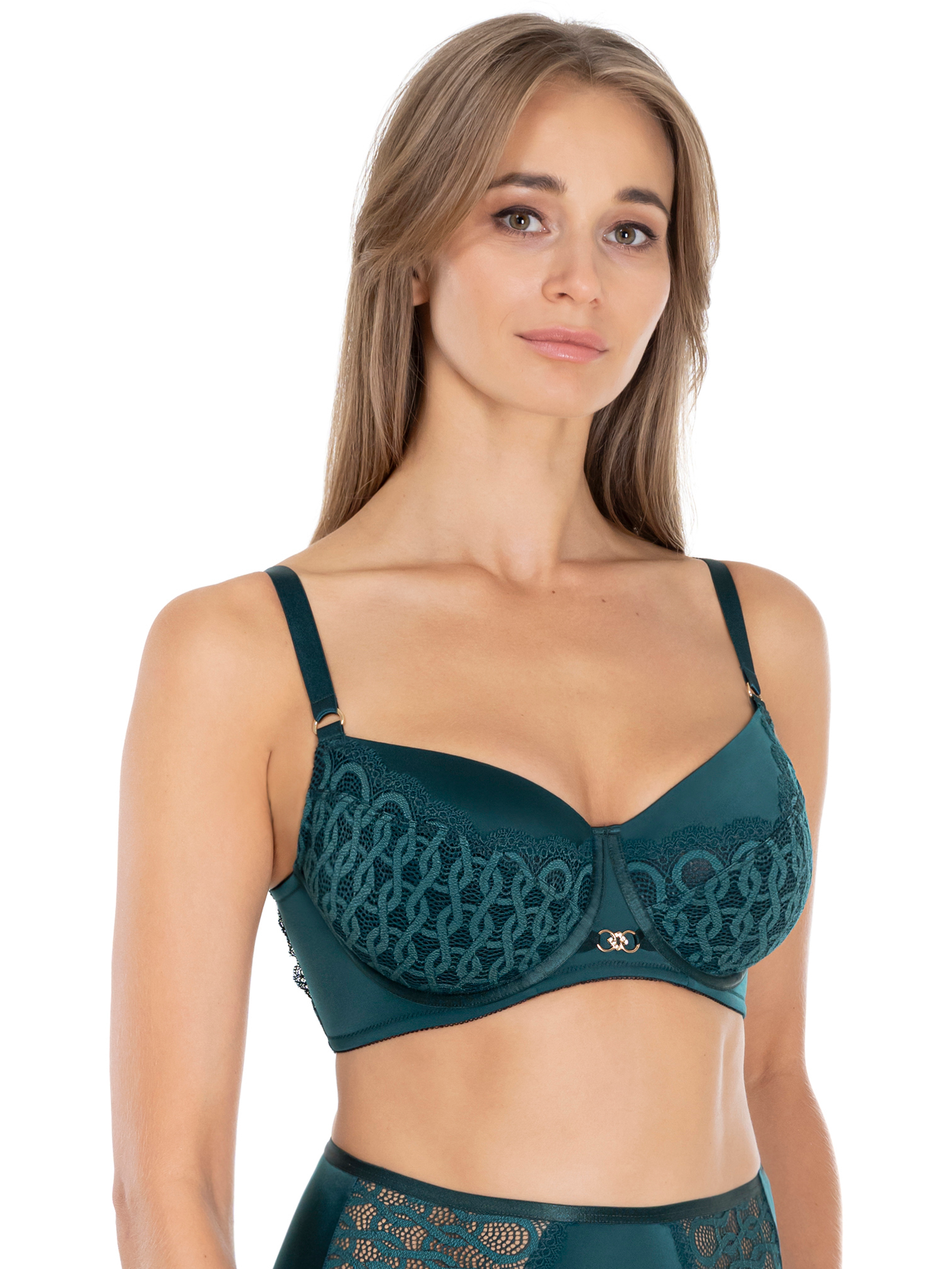 Lauma Lingerie, Green Non-padded Bra, With Lace, On Model, Front, 45L20