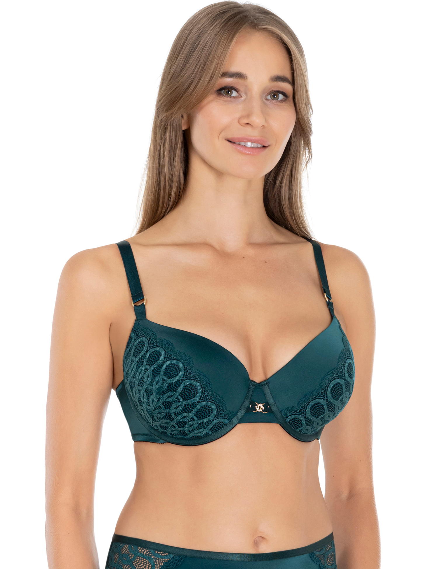 Lauma Lingerie, Green Moulded Bra, With Lace, on Model, Front, 45L30