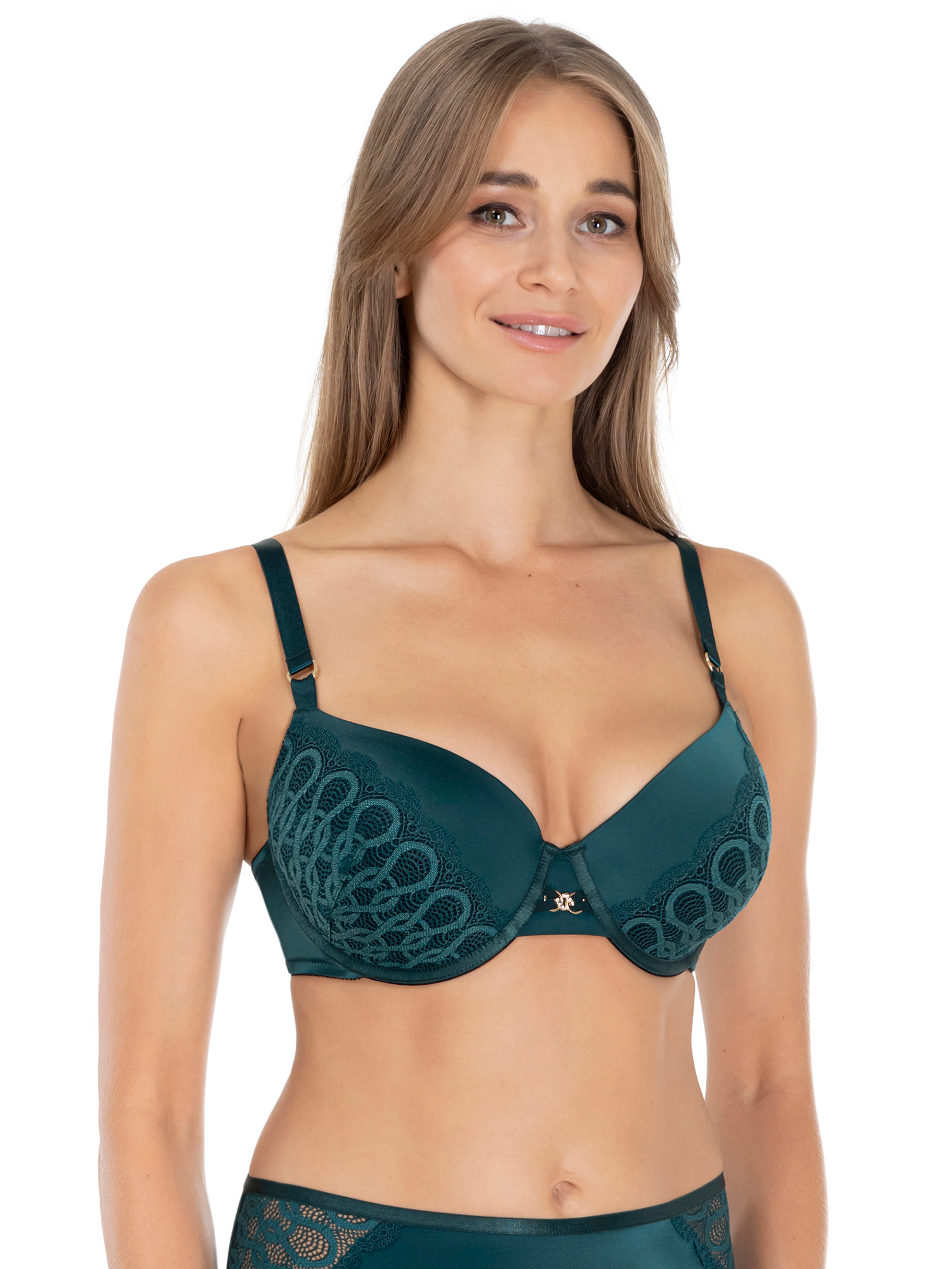 Lauma Lingerie, Green Moulded Bra, With Lace, on Model, Front, 45L30