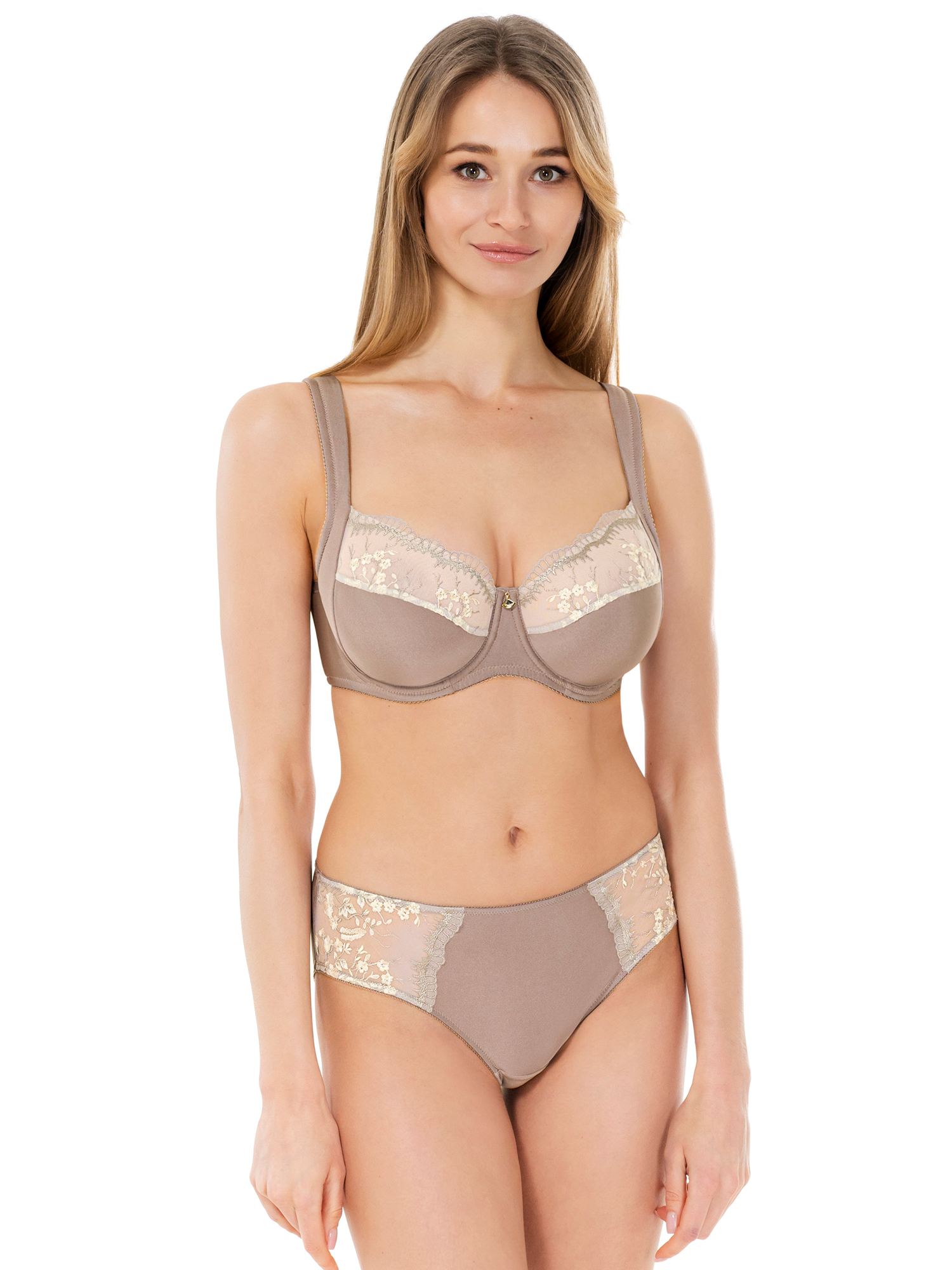Lauma Lingerie, Beige Lingerie Set, With Lace, On Model Front, 48L50, 48L23