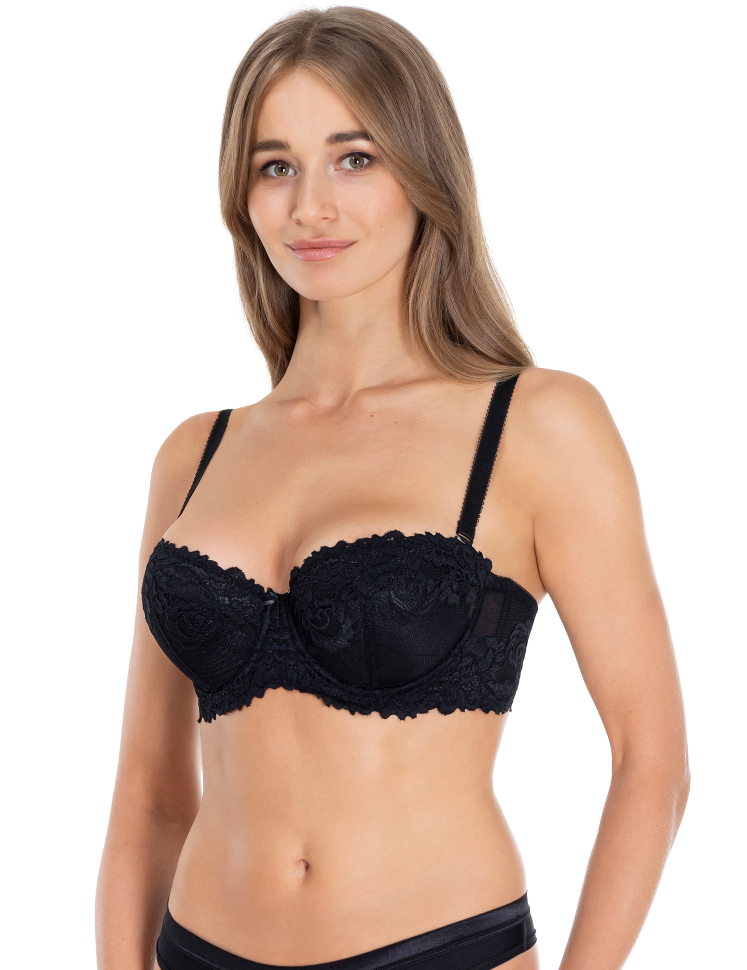 Lauma, Black Underwired Padded Lace Balconette Bra, On Model Front, 58K32