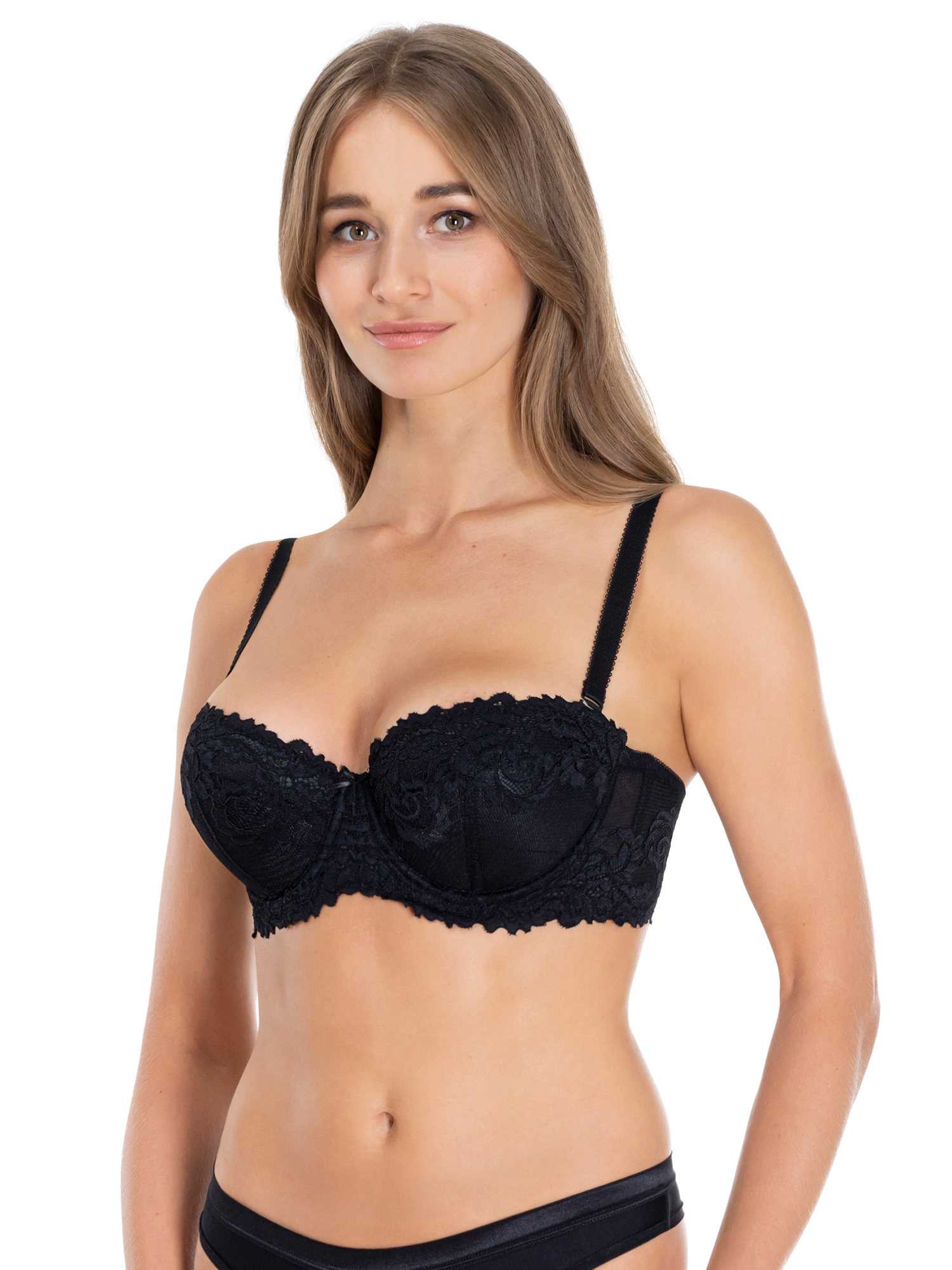 Lauma, Black Underwired Padded Lace Balconette Bra, On Model Front, 58K32