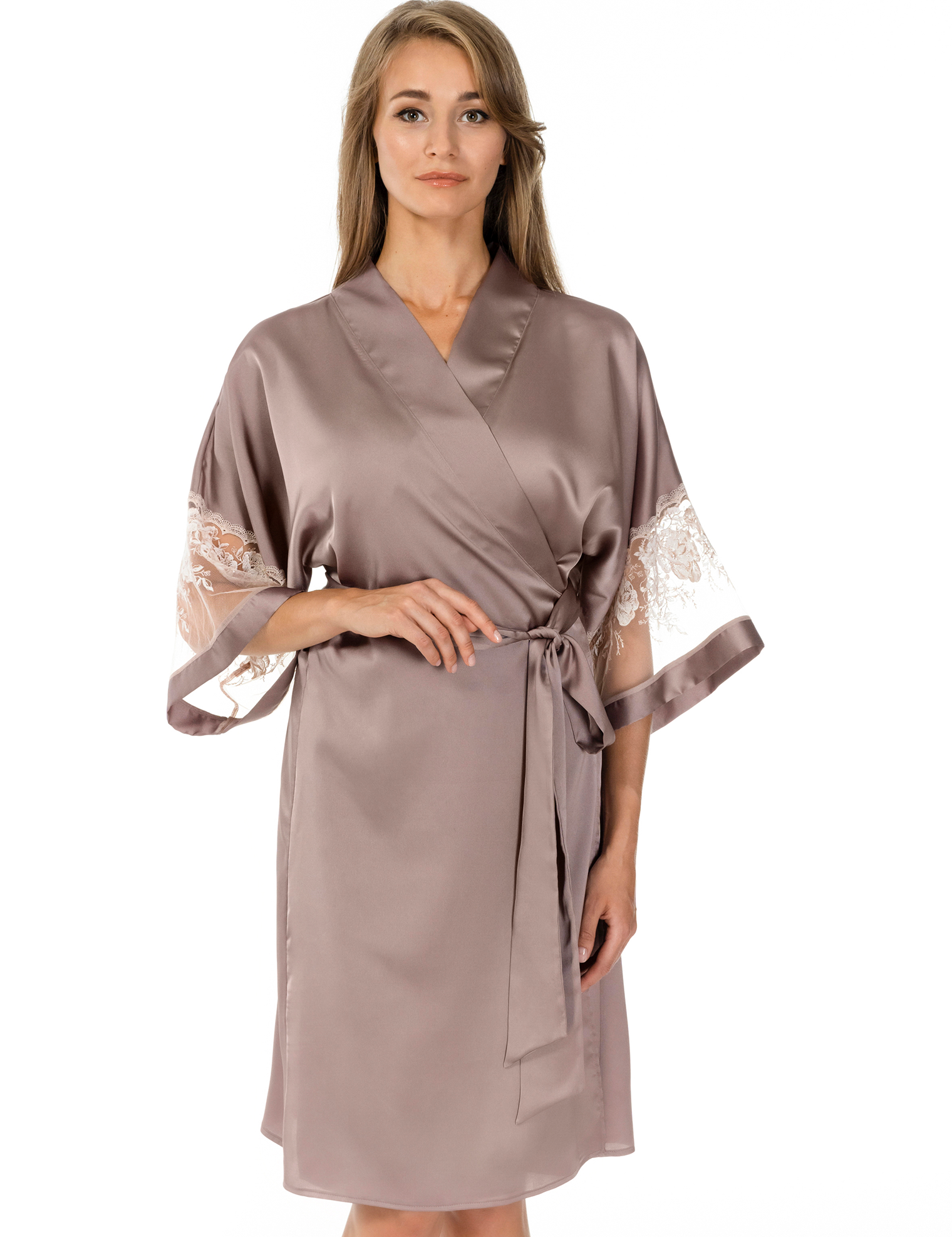 Lauma, Dark Beige Satin Dressing Gown, On Model Front, 62K98