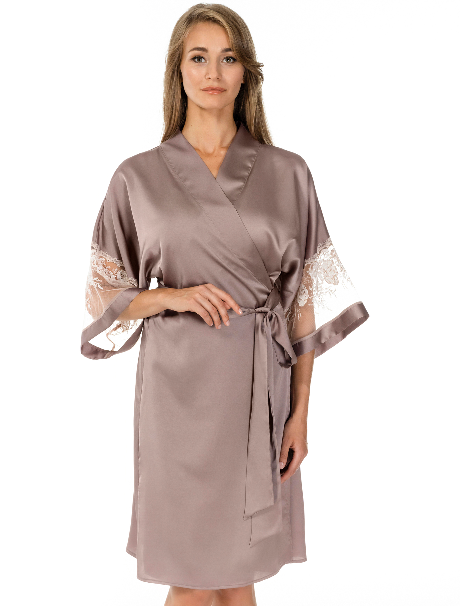 Lauma, Dark Beige Satin Dressing Gown, On Model Front, 62K98