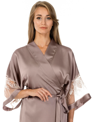 Lauma, Dark Beige Satin Dressing Gown, On Model Front, 62K98