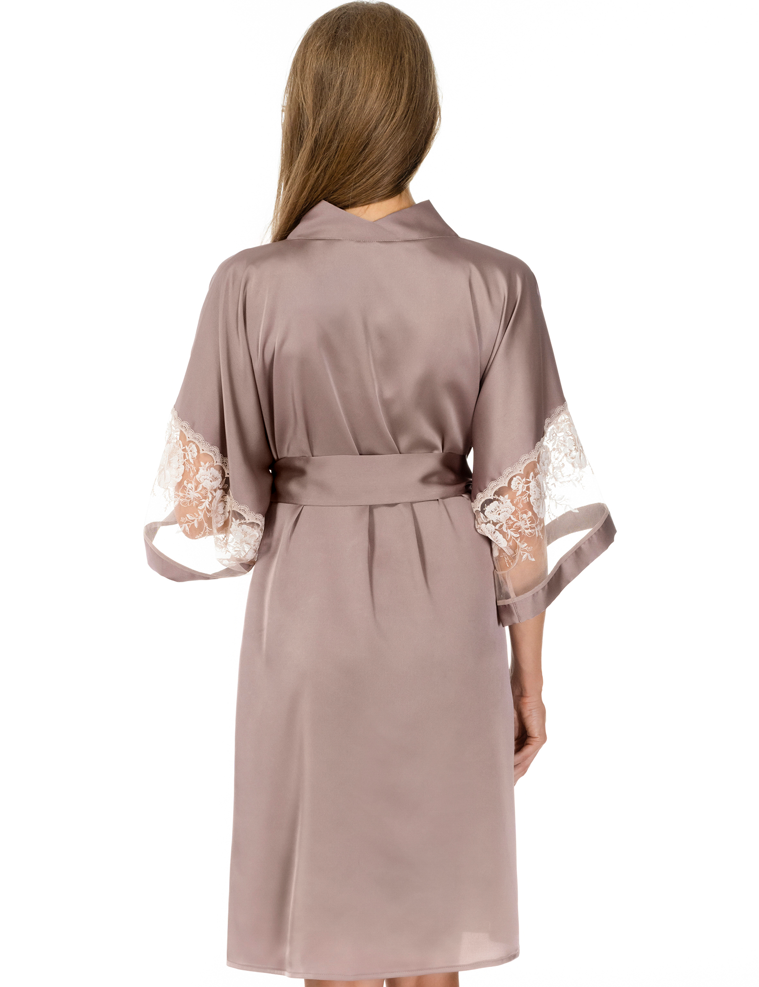 Lauma, Dark Beige Satin Dressing Gown, On Model Back, 62K98