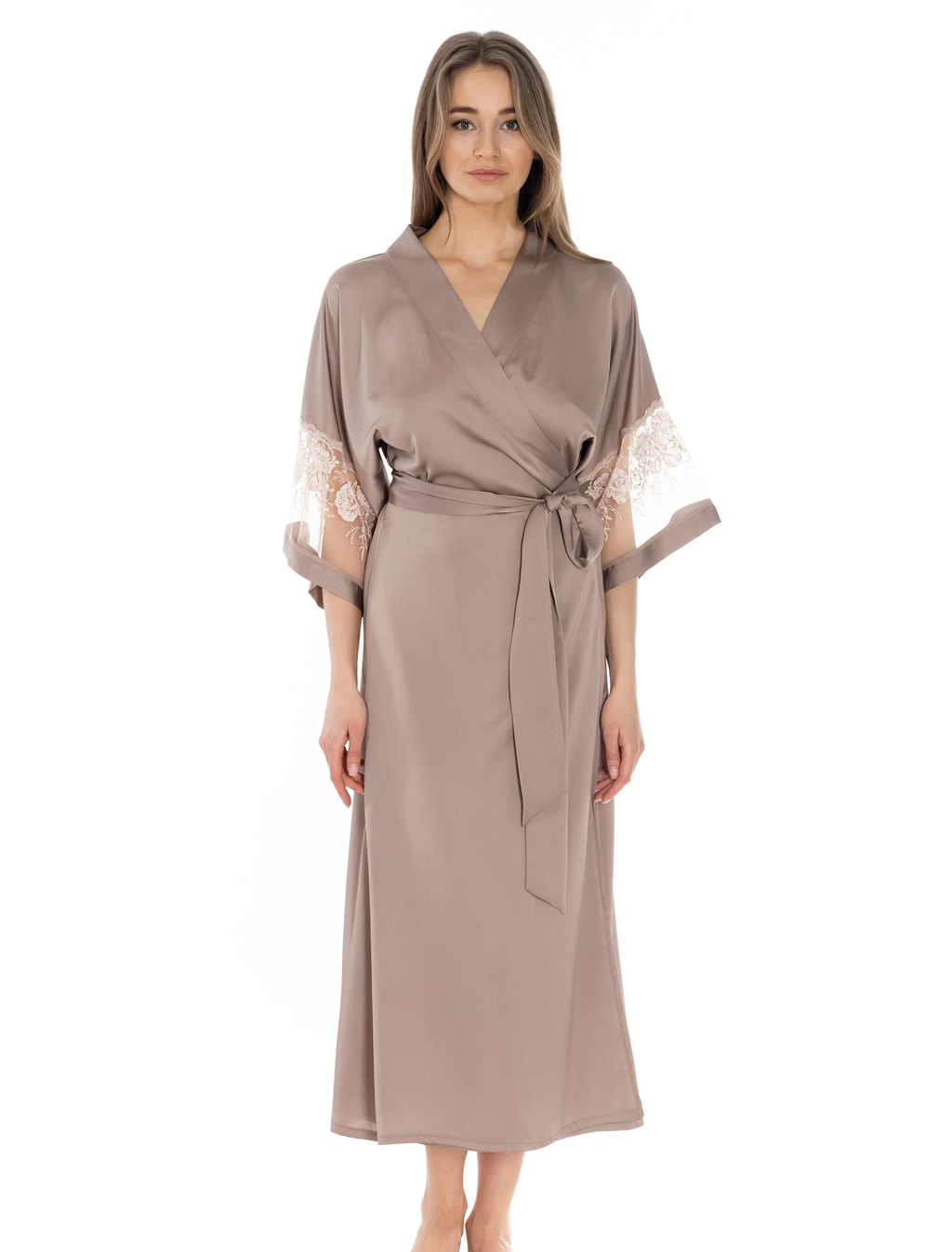 Lauma, Dark Beige Long Dressing Gown, On Model Front, 62K99
