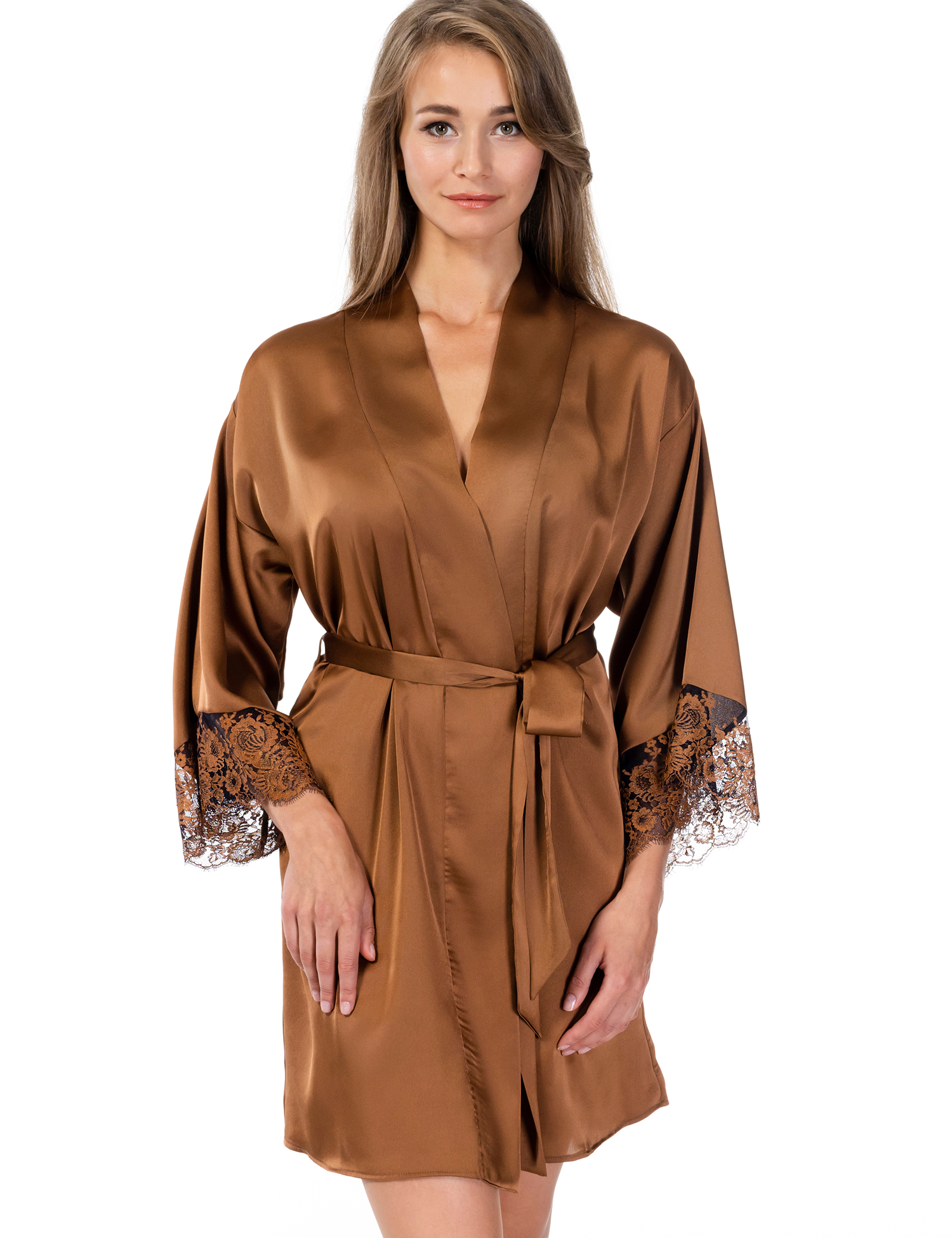 Lauma, Bronze Color Short Satin Dressing Gown, On Model Front, 70K98