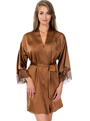 Lauma, Bronze Color Short Satin Dressing Gown, On Model Front, 70K98