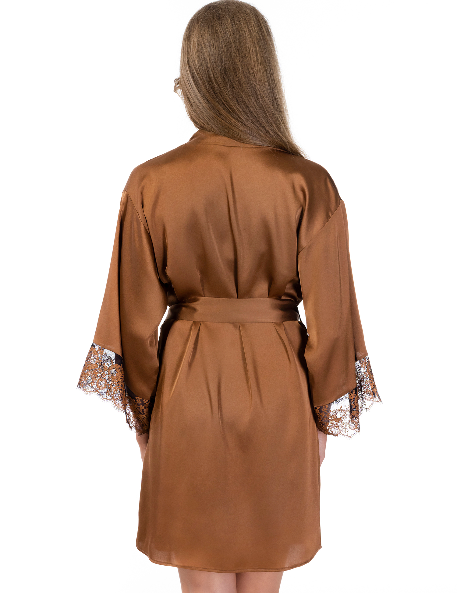 Lauma, Bronze Color Short Satin Dressing Gown, On Model Back, 70K98