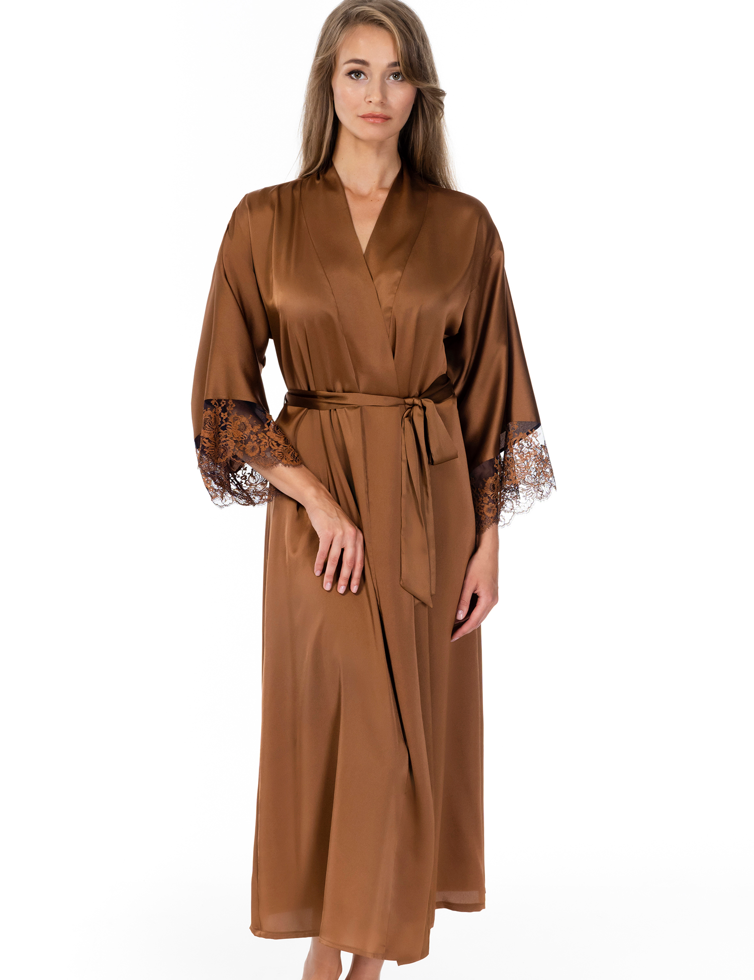 Lauma, Bronze Color Long Satin Dressing Gown, On Model Front, 70K99