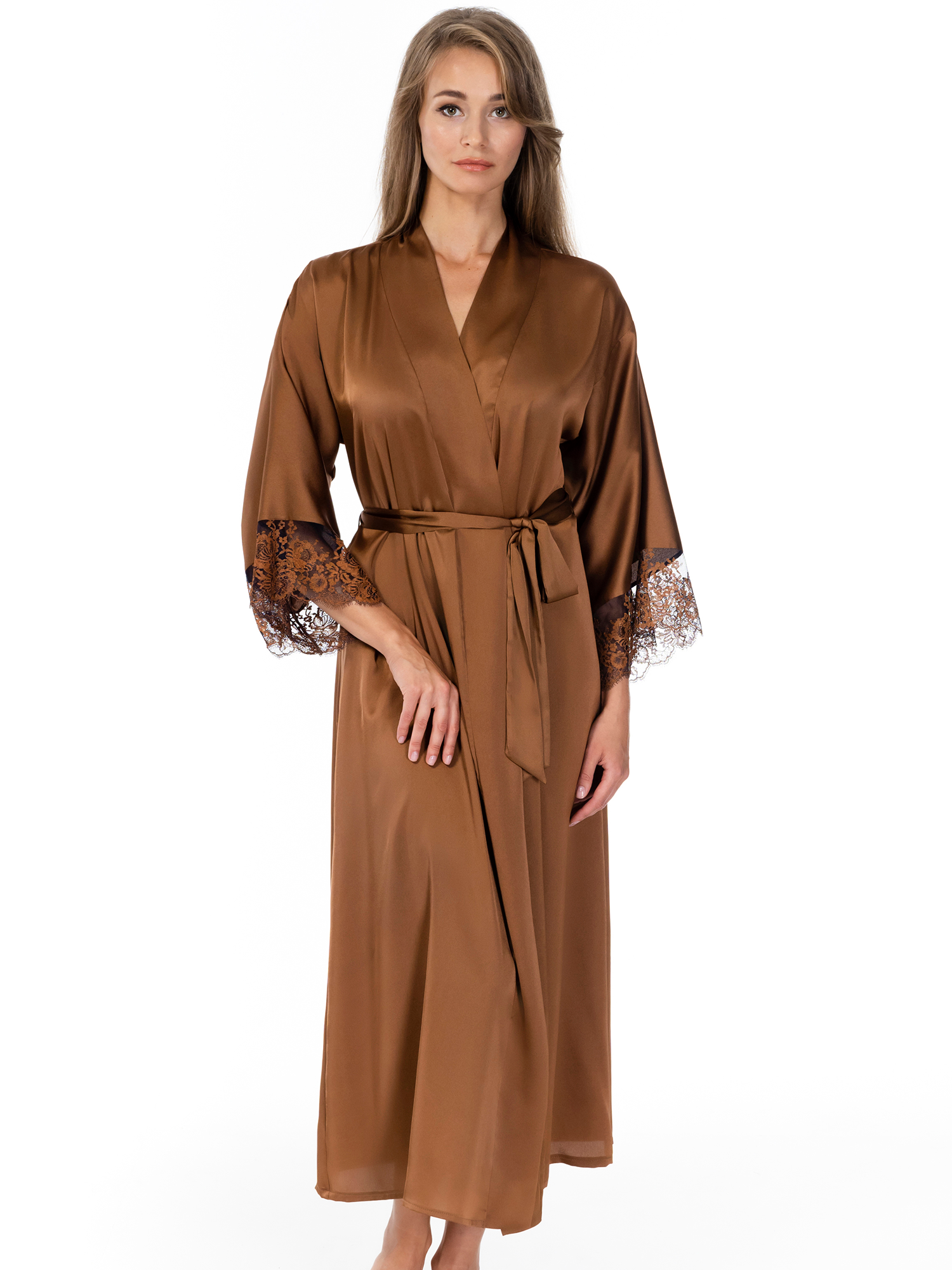 Lauma, Bronze Color Long Satin Dressing Gown, On Model Front, 70K99