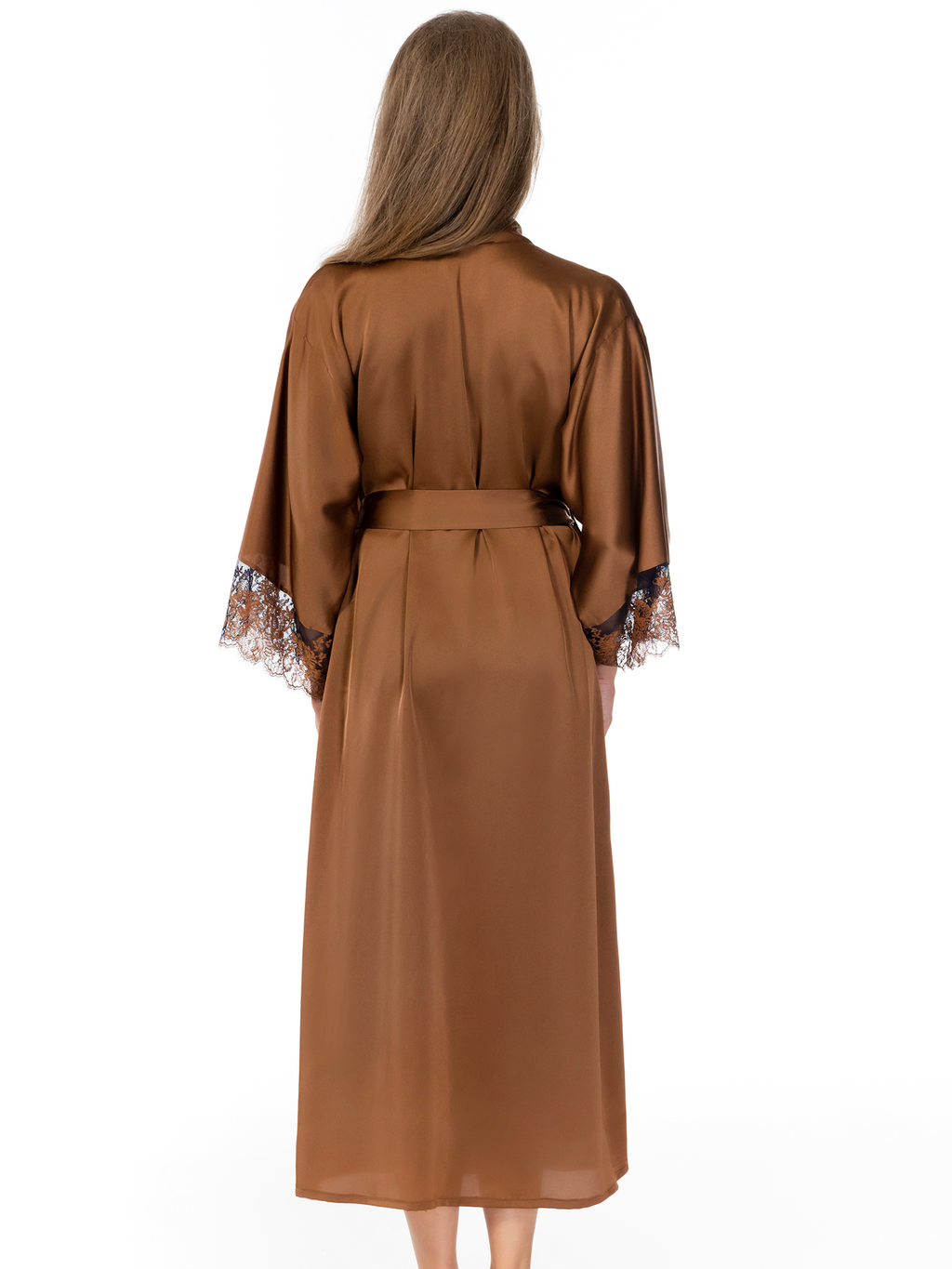 Lauma, Bronze Color Long Satin Dressing Gown, On Model Back, 70K99
