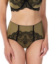 Lauma, Olive Green High Waist Panties With Black Embroidered Lace, On Model Front, 71K51