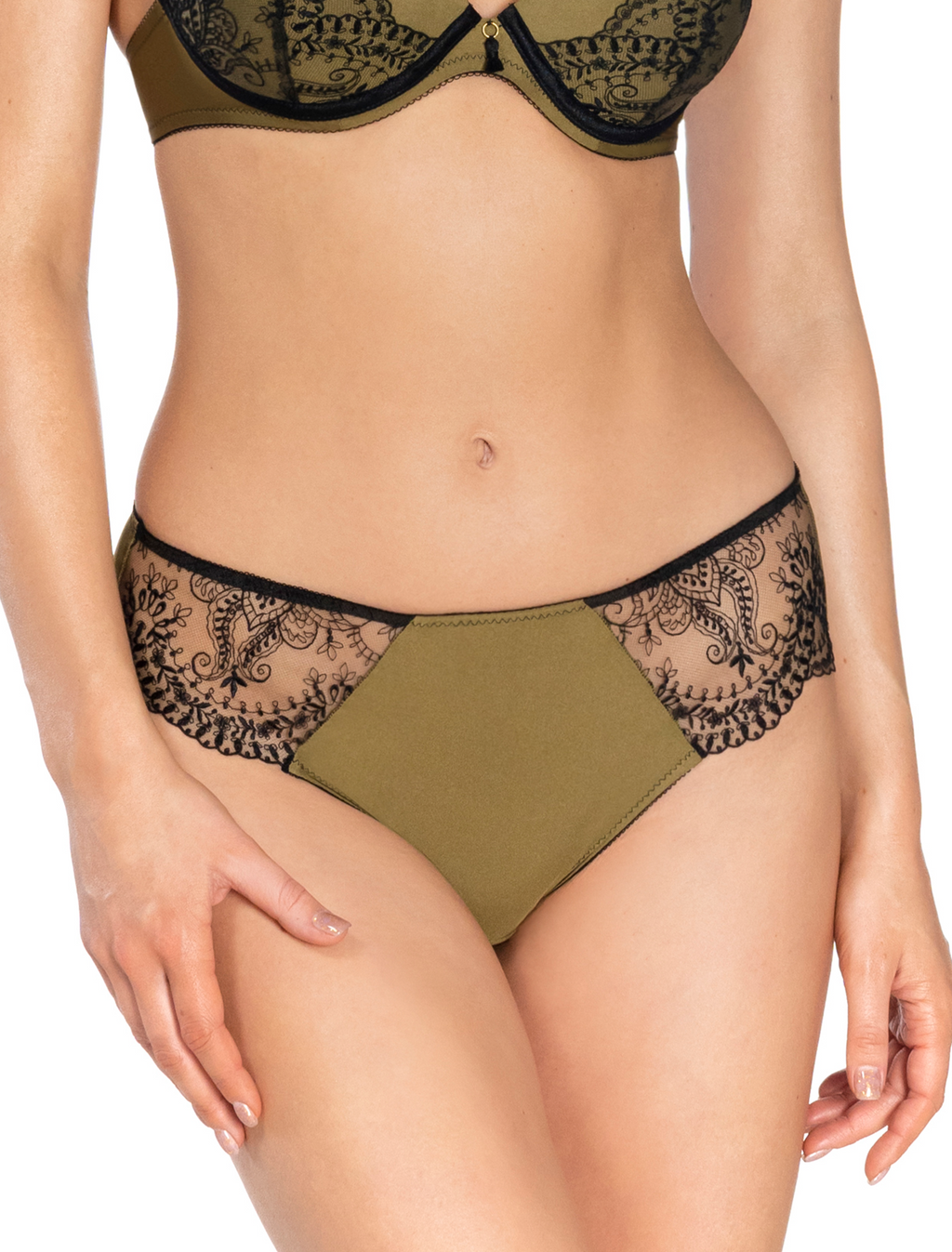 Lauma, Olive Green Mid Waist Panties, On Model Front, 71K53