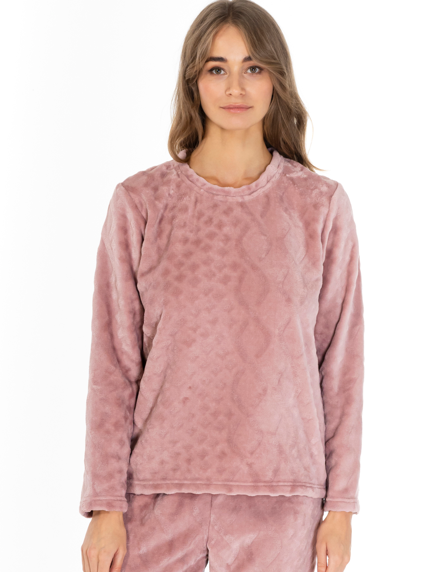 Lauma, Pink Fleece Pyjama Top, On Model Front, 72D35