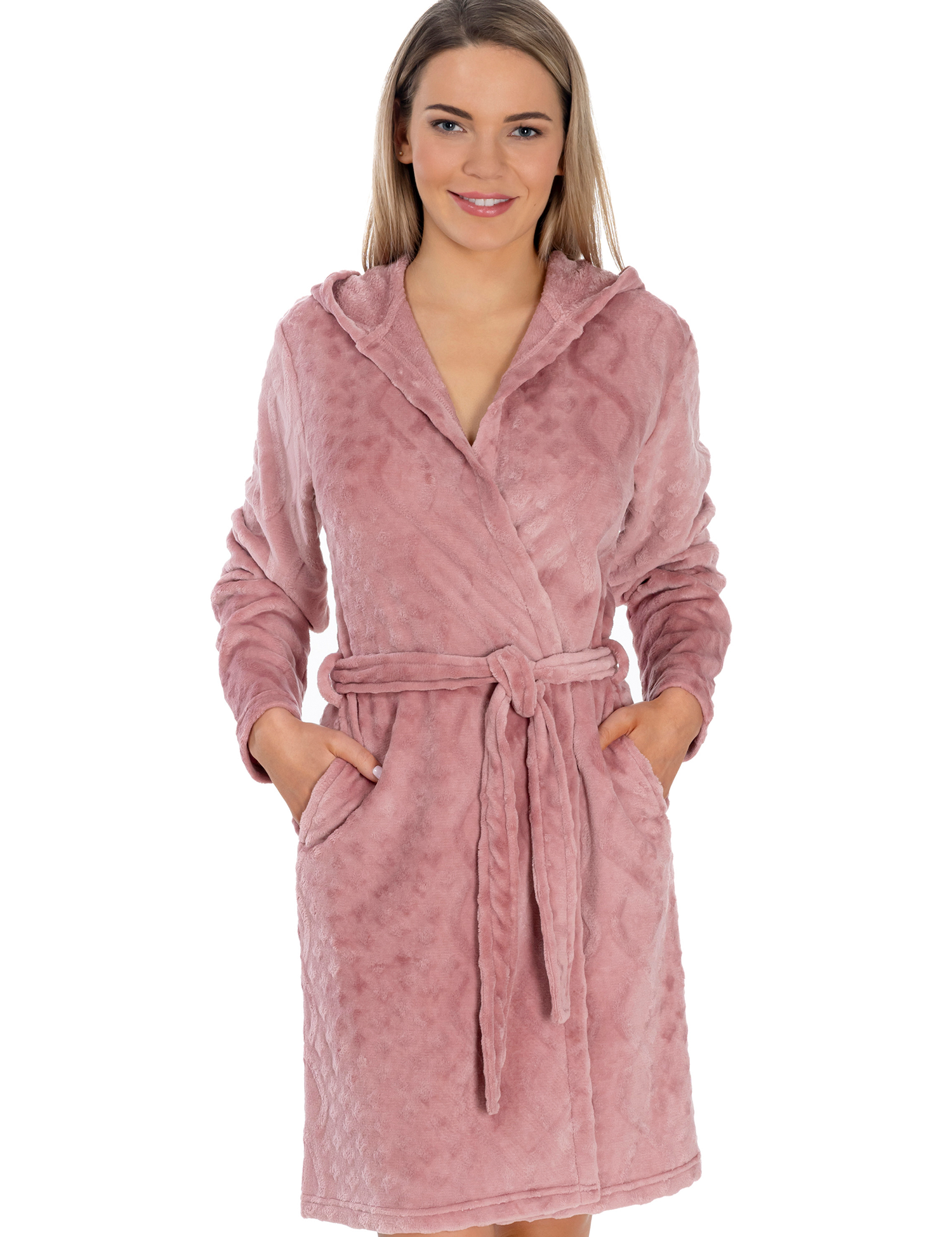 Lauma, Pink Hooded Fleece Robe, On Model Front, 72D42