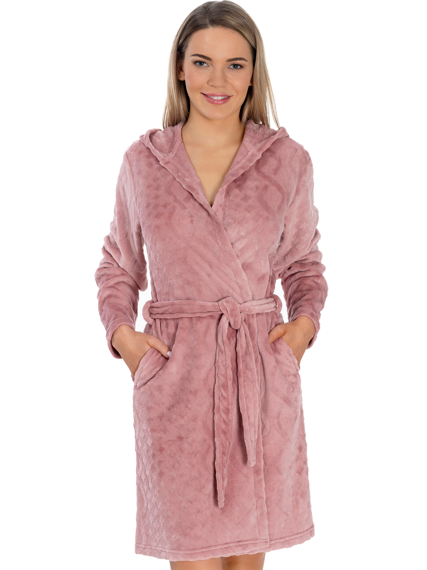 Lauma, Pink Hooded Fleece Robe, On Model Front, 72D42