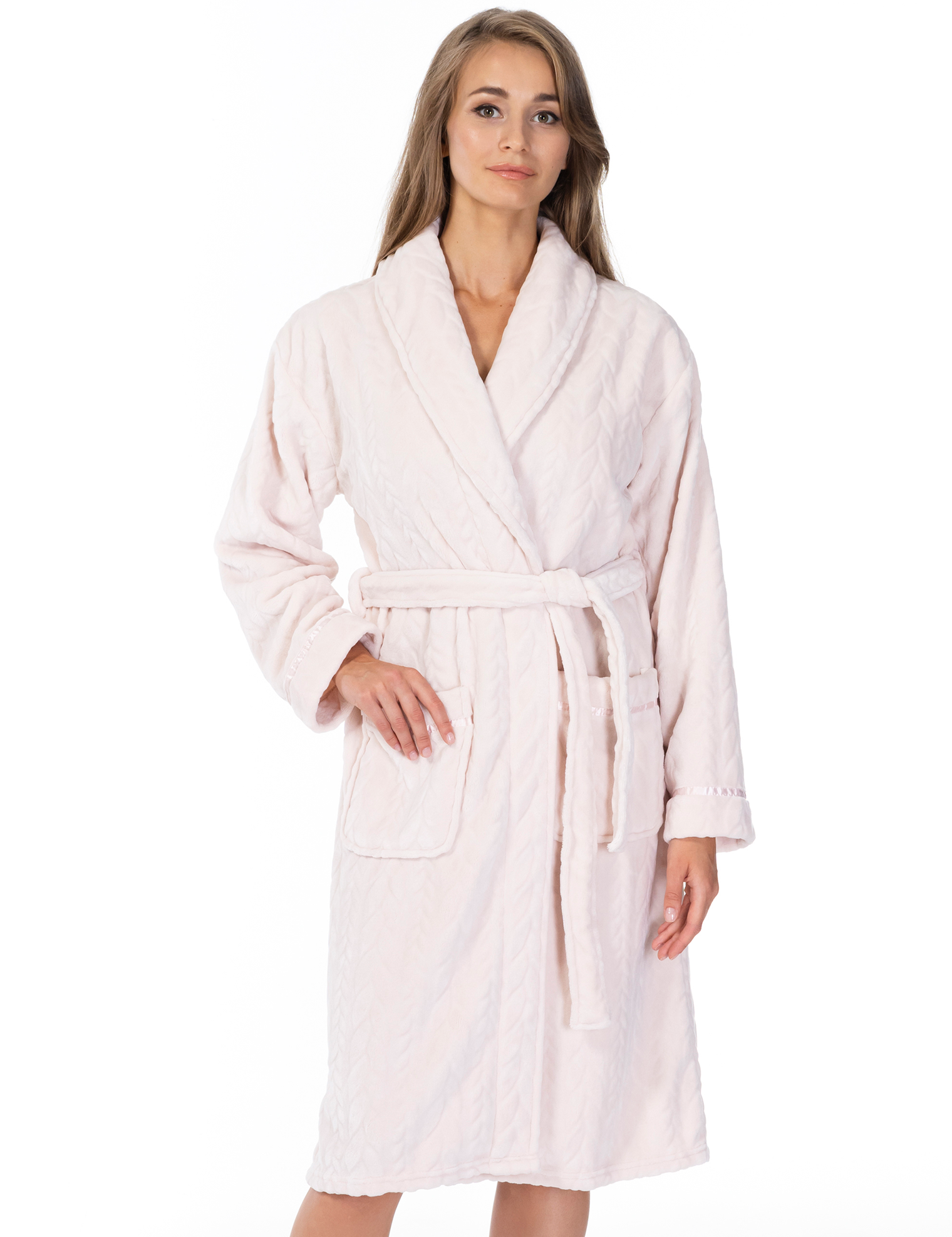 Lauma, Light Pink Warm Fleece Robe, On Model Front, 72D60