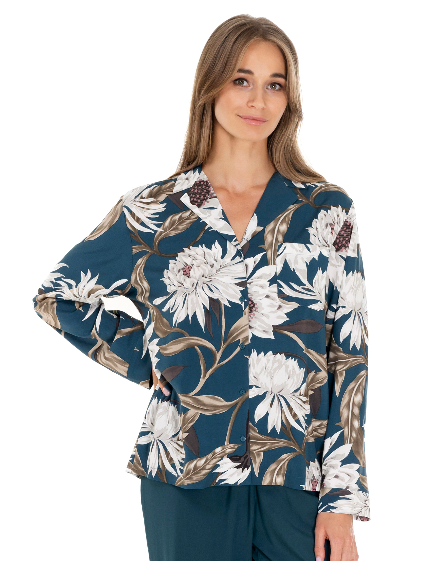 Lauma Lingerie, Printed Viscose Pyjama Top, On Model Front, 72D66