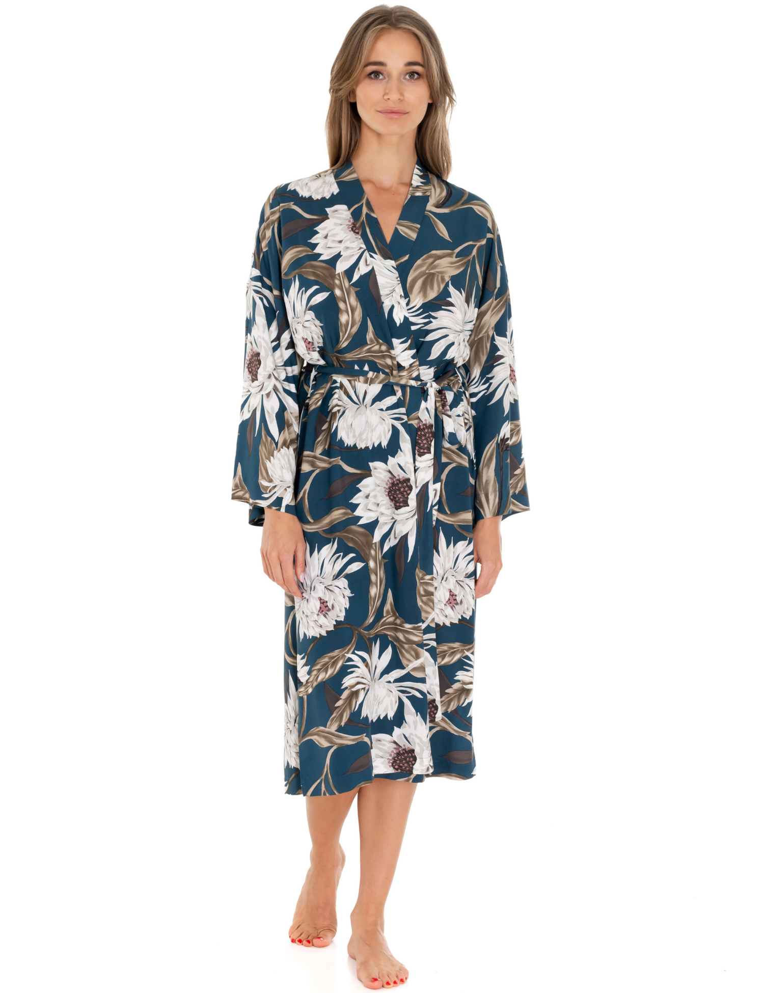 Lauma Lingerie, Green Floral Print Viscose Robe, On Model Front, 72D69
