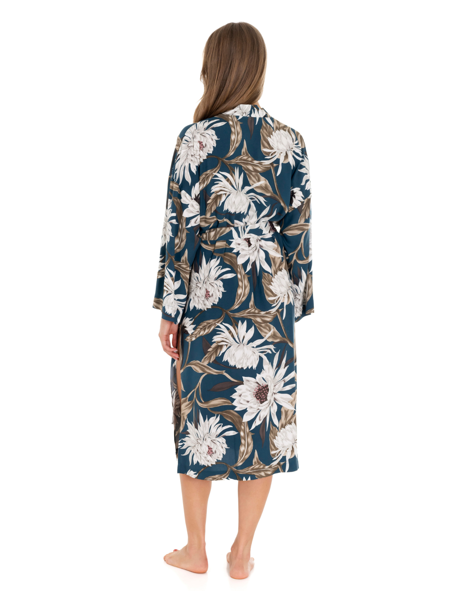 Lauma Lingerie, Green Floral Print Viscose Robe, On Model Back, 72D69