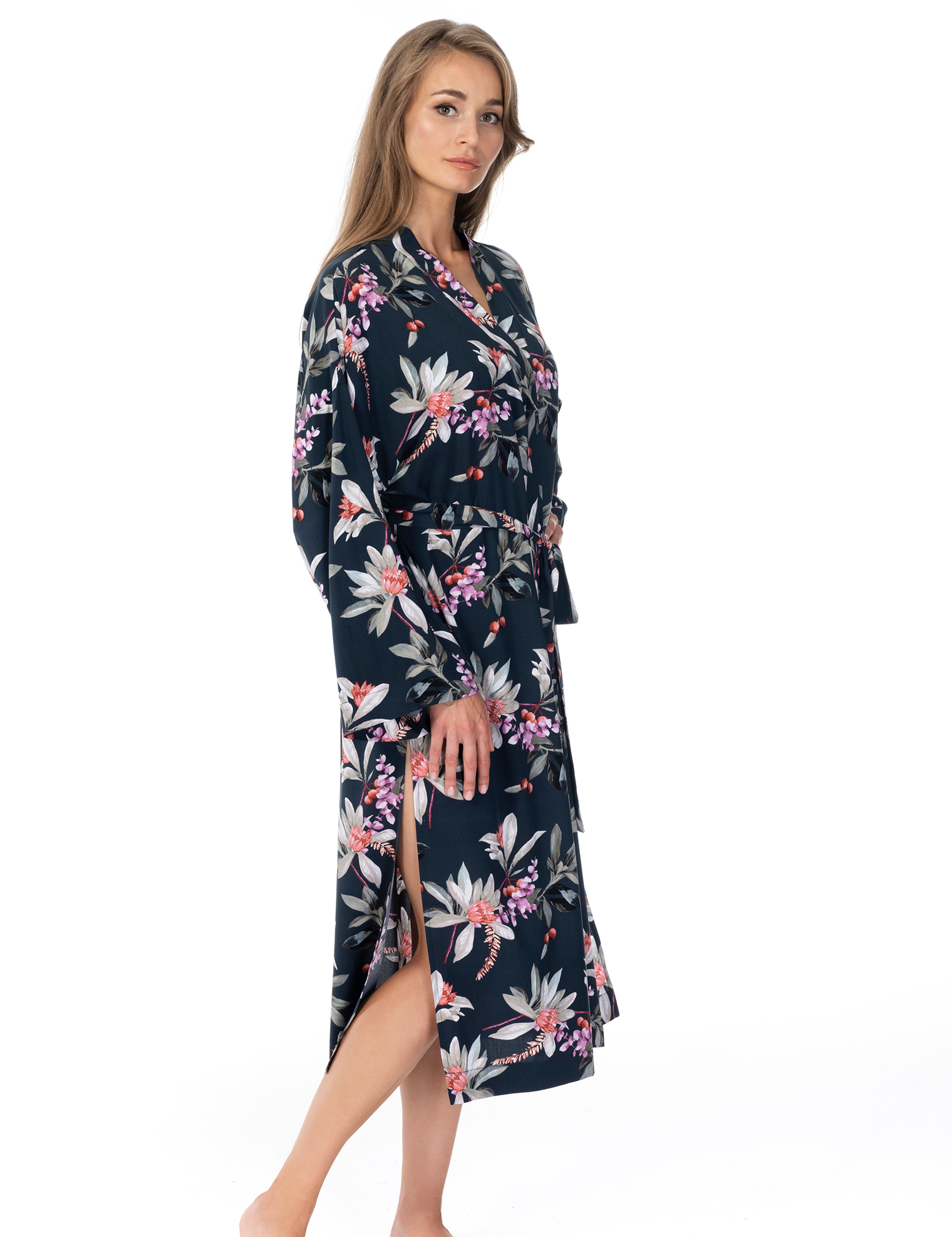 Lauma, Green Floral Print Viscose Robe, On Model Front, 72D69