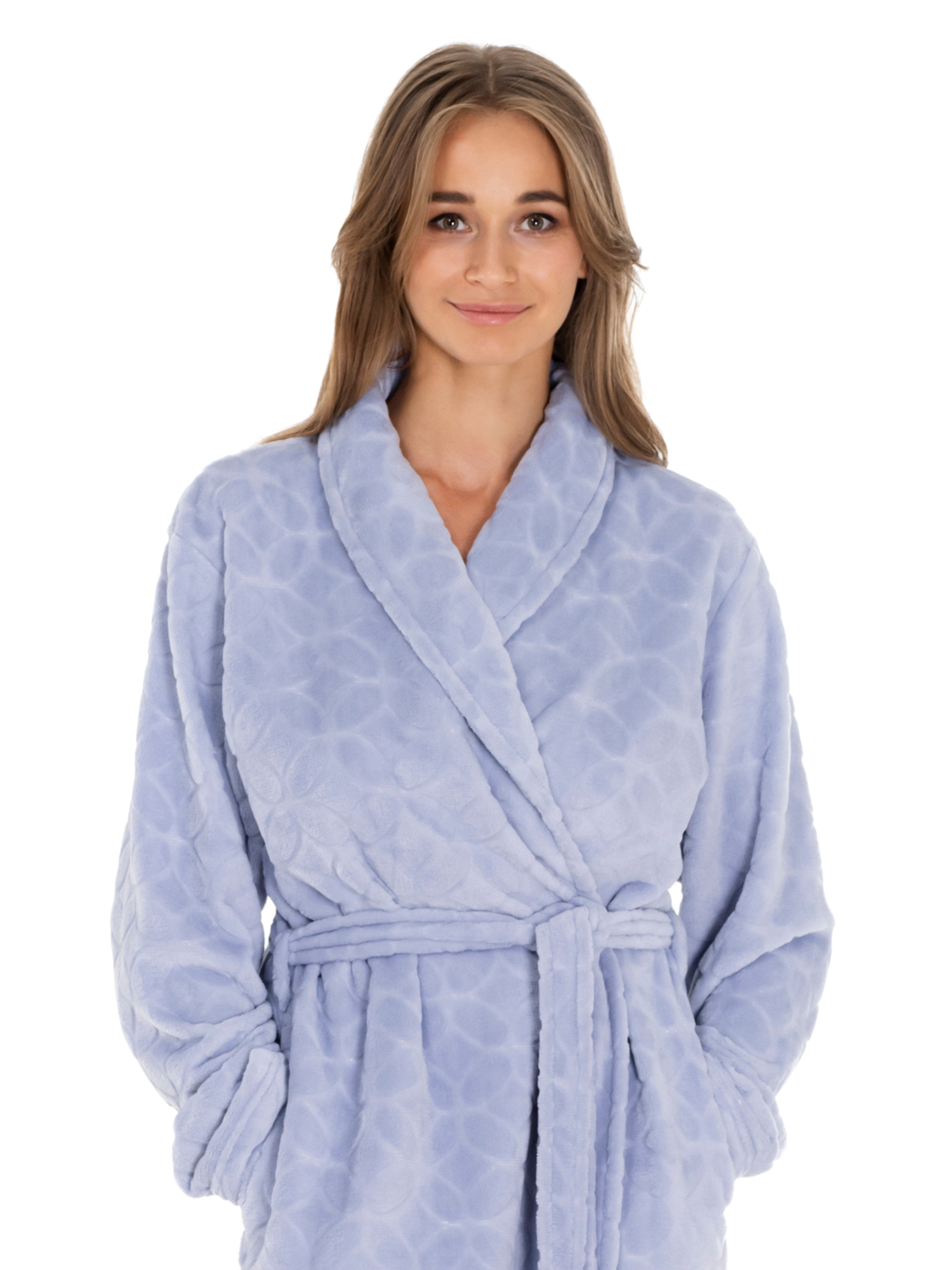 Lauma, Light Blue Fleece Robe, On Model Front, 72D70