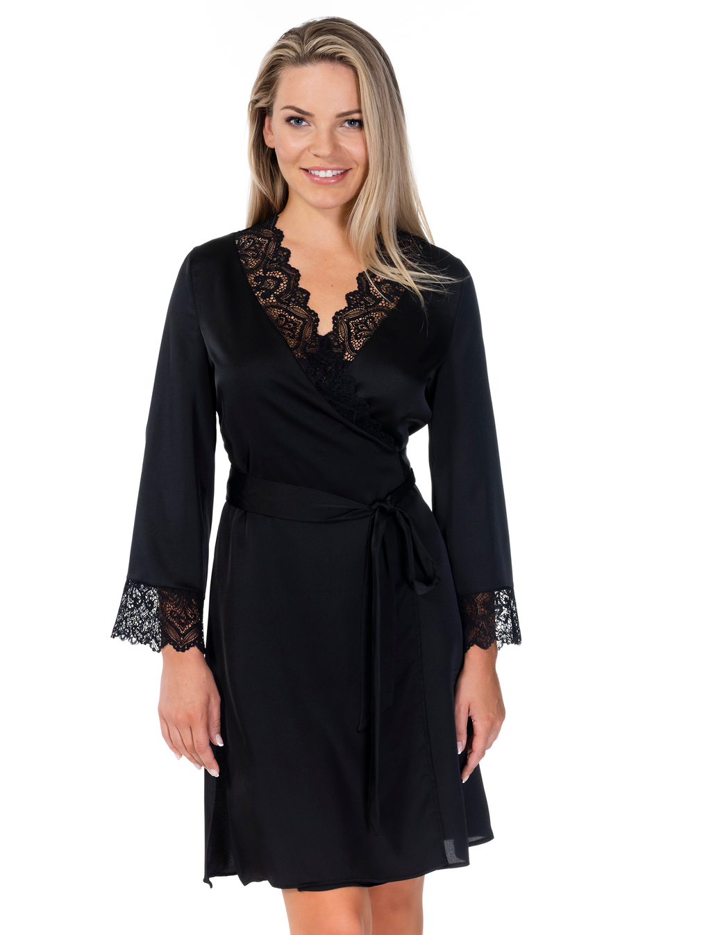 Lauma, Black Satin Dressing Gown, On Model Front, 72K98