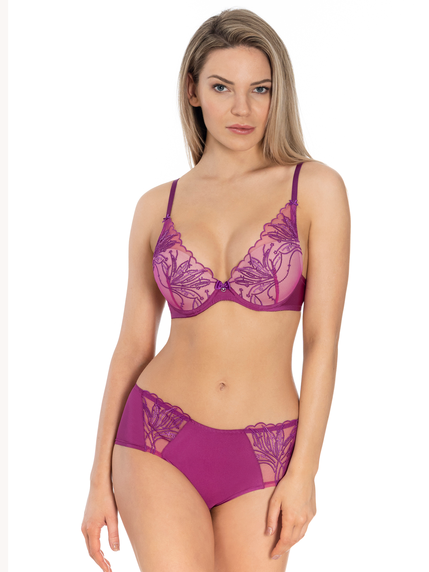 Lauma Purple Lingerie Set With Lace Trim, On Model Front, 82K70, 82K35