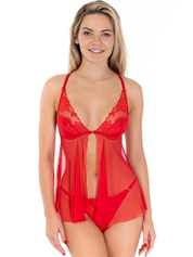 Lauma, Red Lace String Thong Panties And Babydoll, On Model Front, 93K61