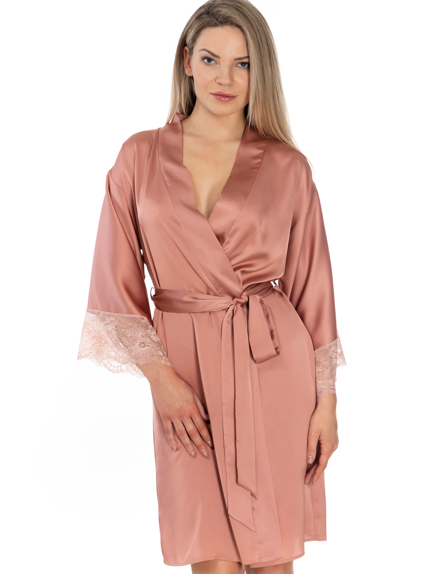 Lauma, Hazy Pink Satin Dressing Gown, On Model Front, 97K98