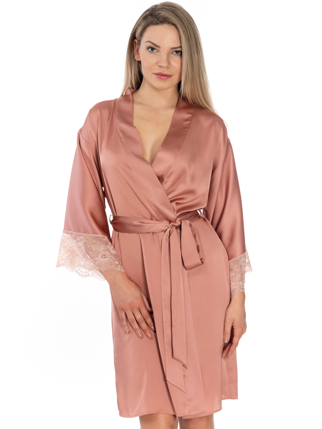 Lauma, Hazy Pink Satin Dressing Gown, On Model Front, 97K98