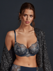 Lauma Lingerie, Dark Blue Bra, With Lace, On Model Front, 03L40