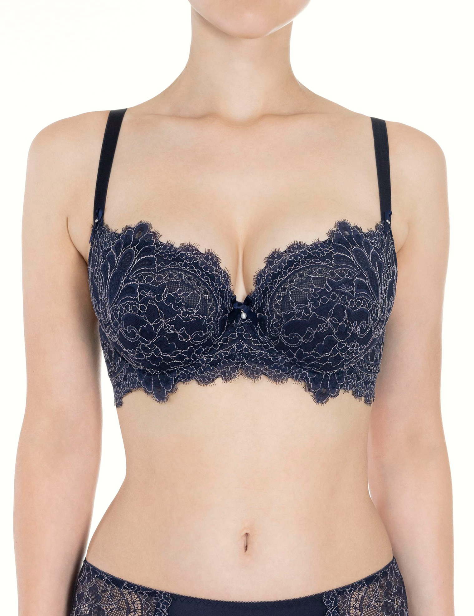 Lauma, Navy Half-padded Lace Bra, On Model Front, 04K42