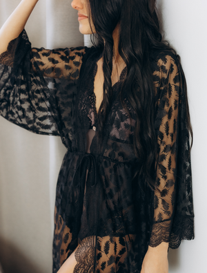 Lauma, Black Lace Dressing Gown, On Model Front, 07N95