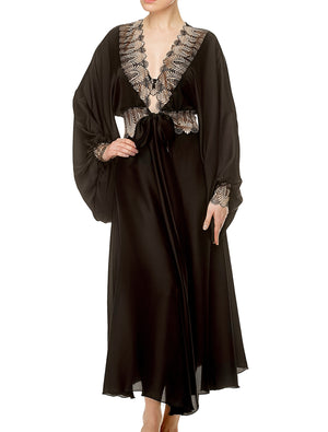 Lauma, Black Satin Dressing Gown, On Model Front, 17J95
