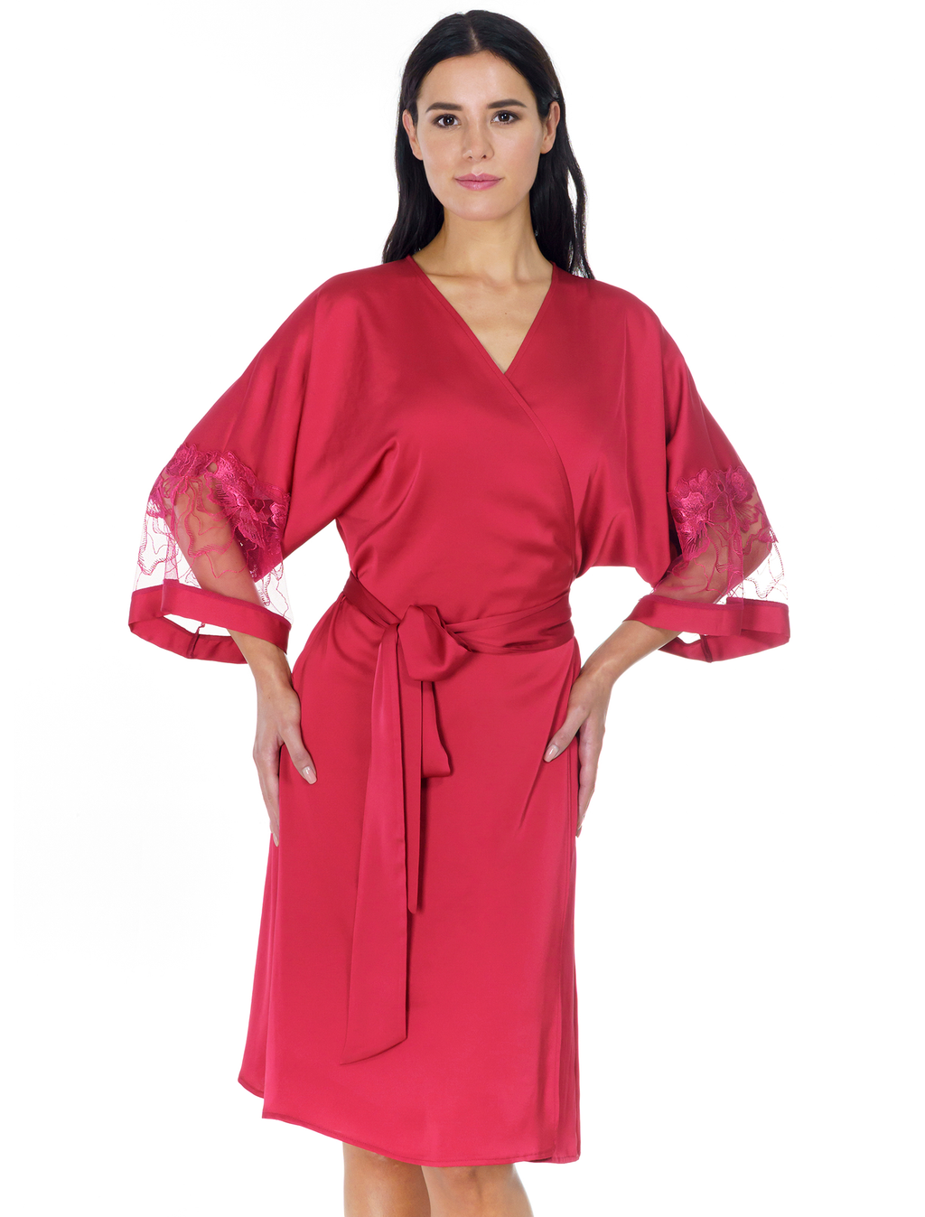 Lauma, Red Knee-length Dressing Gown, On Model Front, 17K98