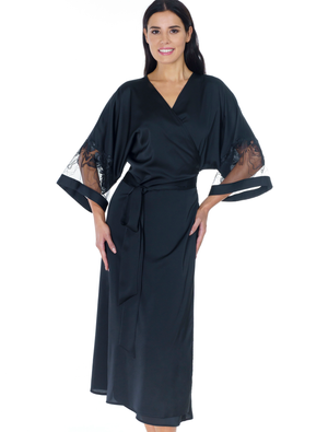 Lauma, Black Long Dressing Gown, On Model Front, 17K99