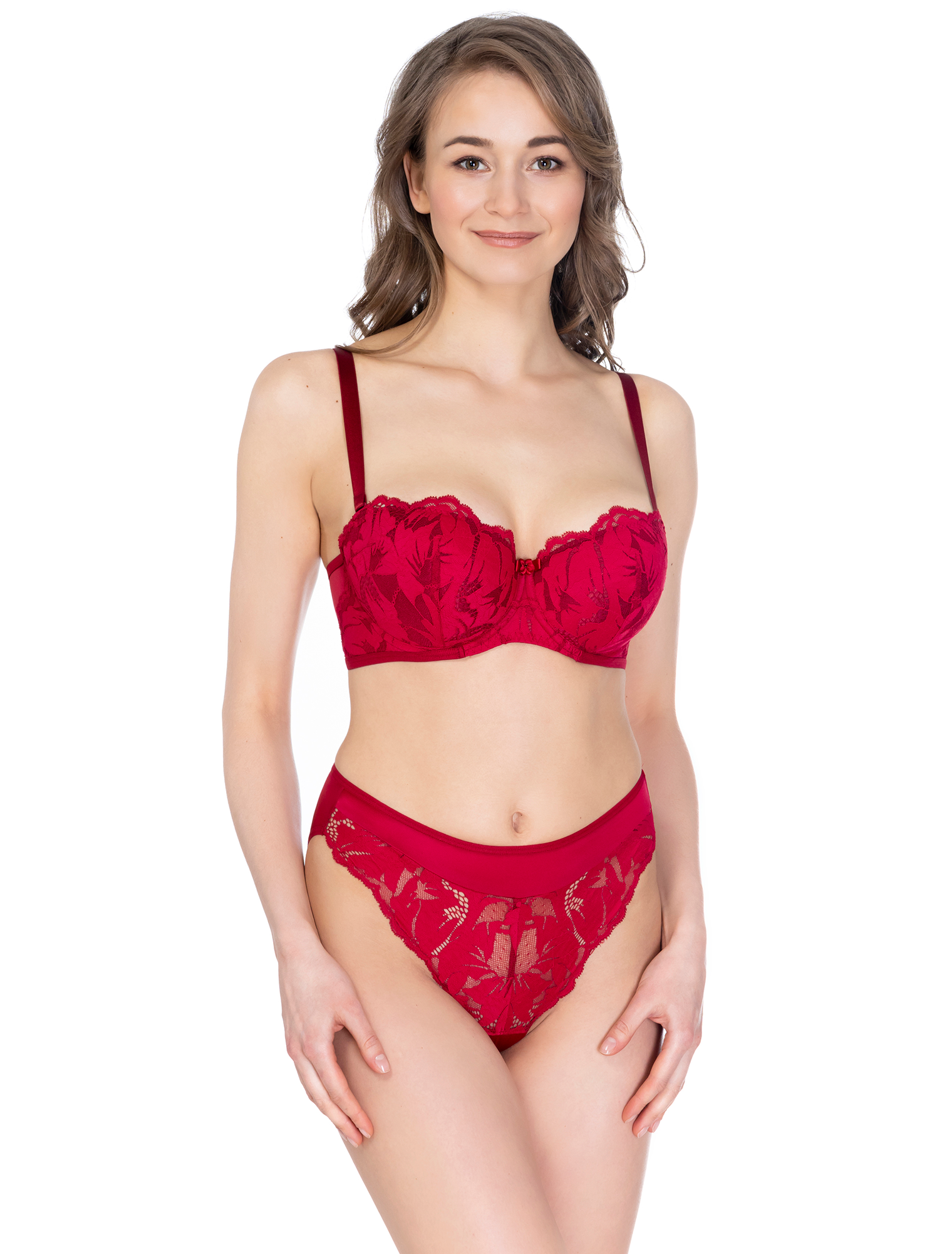 Lauma, Red Lace Mid Waist Panties, On Model Front, 24K52