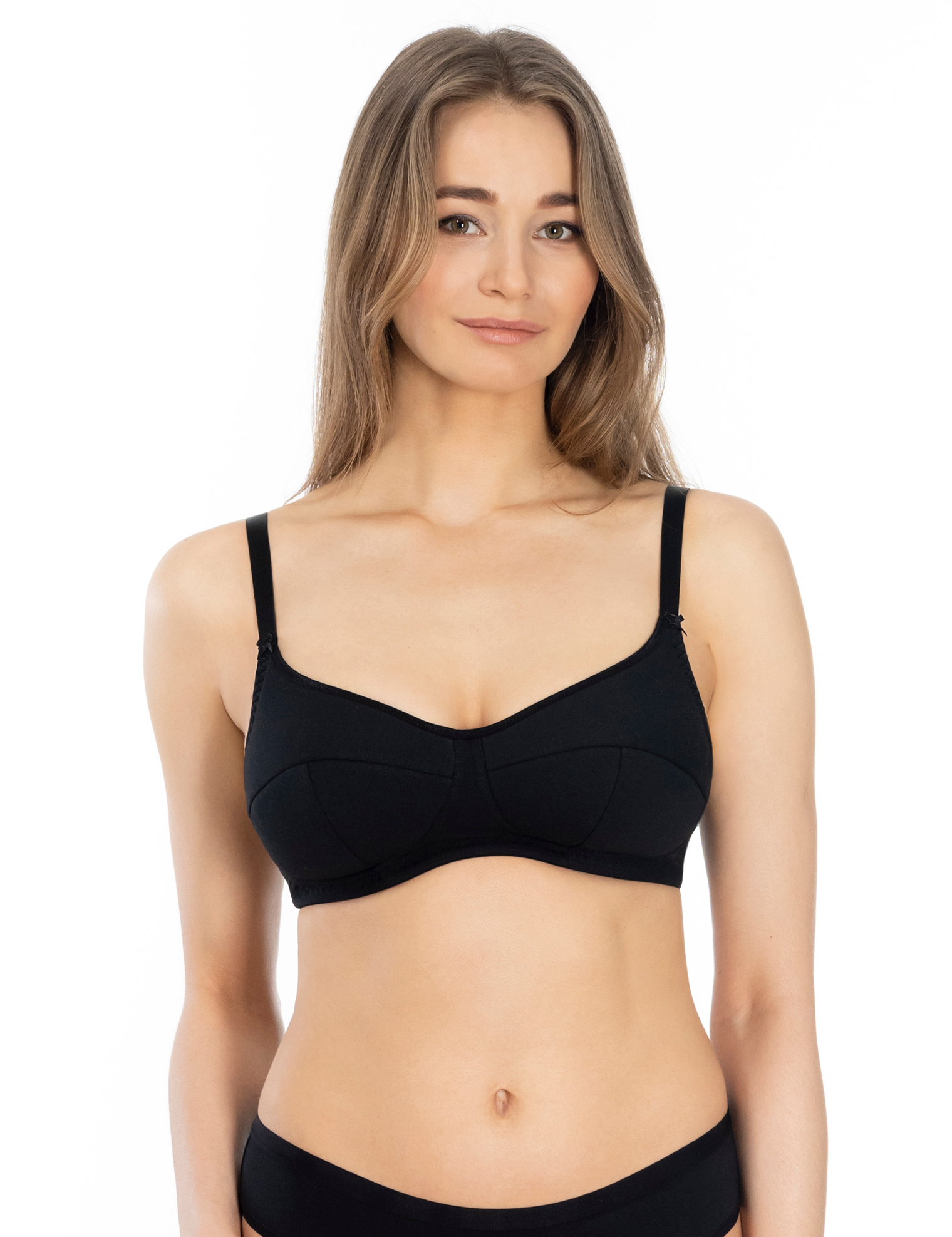 Lauma, Black Wireless Padded Cotton Bra, On Model Front, 38C40 