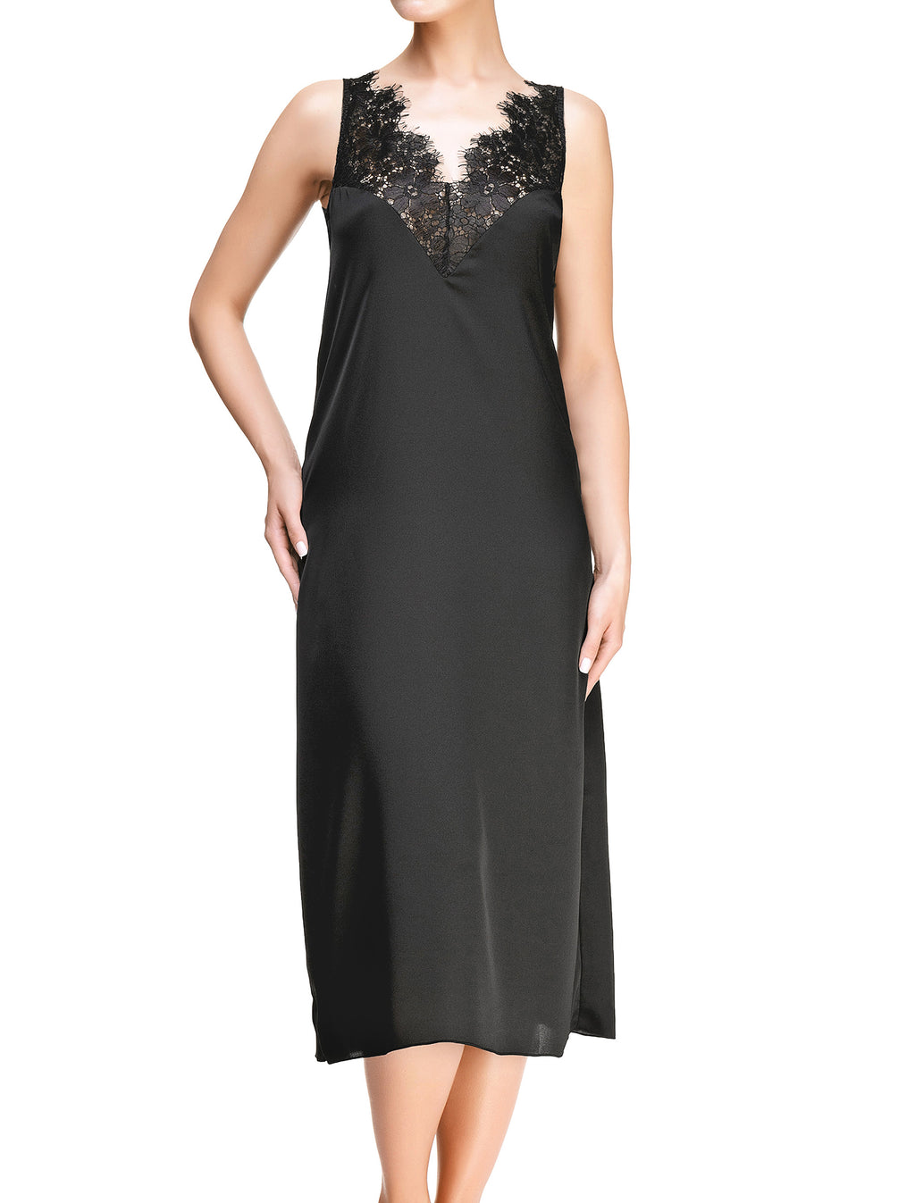 Lauma, Black Long Satin Night Dress, On Model Front, 61J91