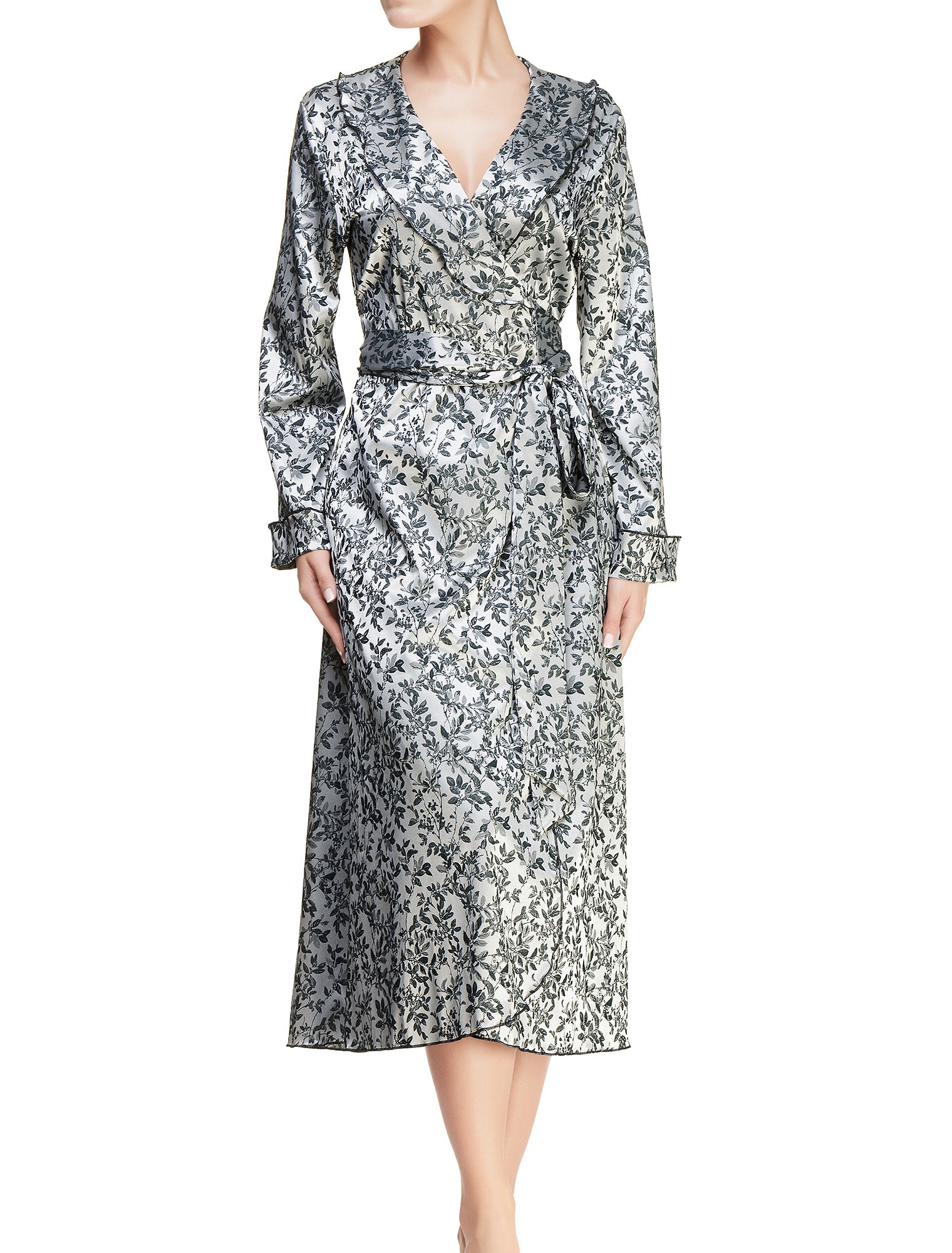 Lauma, Silver Satin Dressing Gown, On Model Front, 63J98