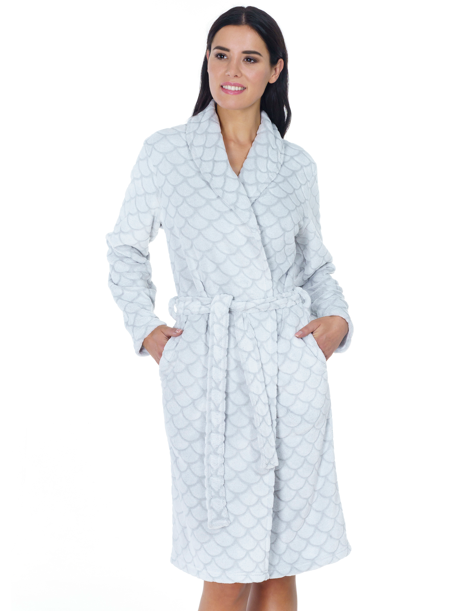 Lauma, Light Grey Fleece Robe, On Model Front, 72D81