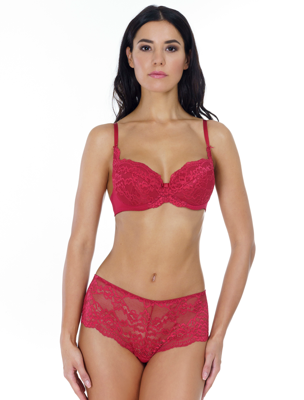 Lauma, Red Lace Shorts Panties, On Model Front, 72F70 