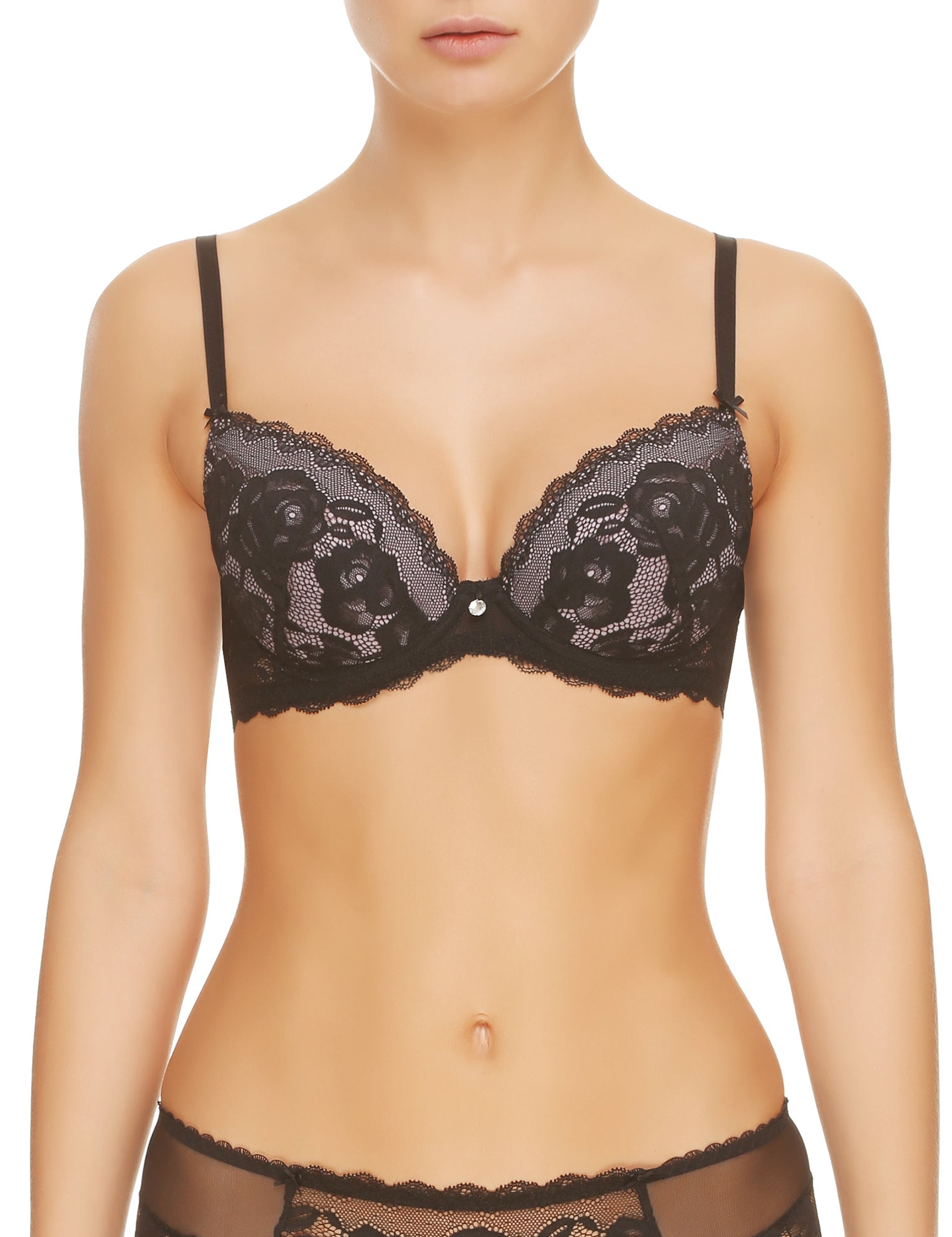 Lauma, Black Lace Push Up Bra, On Model Front, 77G12