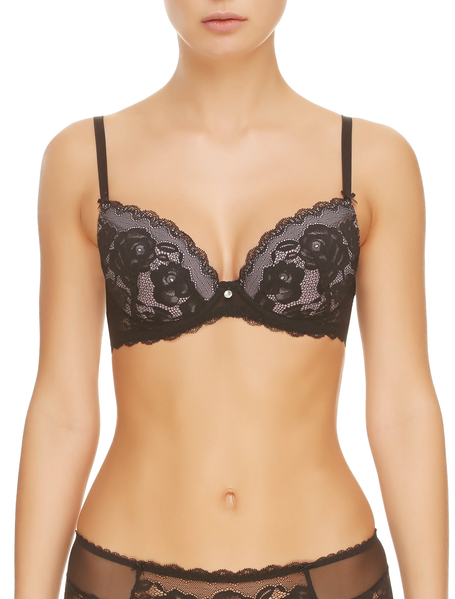 Lauma, Black Lace Push Up Bra, On Model Front, 77G12