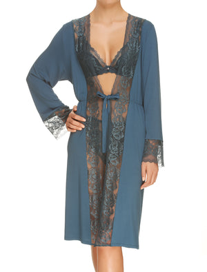Lauma, Blue Viscose Lace Trim Robe, On Model Front, 77G99