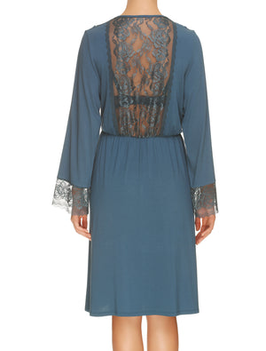 Lauma, Blue Viscose Lace Trim Robe, On Model Back, 77G99